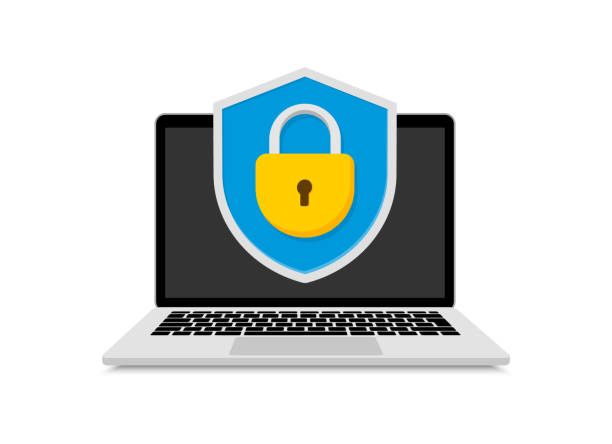 Picture of a clipart computer with a lock centered on the screen.