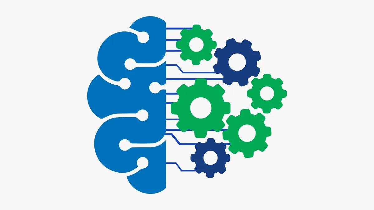 Picture of a brain split down the middle. The left half looks like a blue brain, and the rights a bunch of gears.